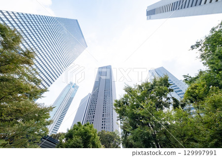 街道樹木和摩天大樓林立的辦公區景觀 129997991