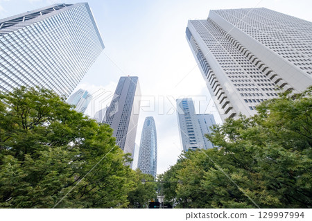 A view of an office district with street trees and skyscrapers A view of an office district with street trees and skyscrapers 129997994