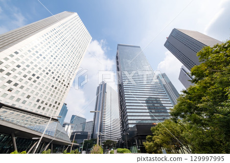 A view of an office district with street trees and skyscrapers 129997995