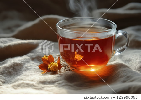 Cup of herbal tea with steam rising, surrounded by dried flowers on linen tablecloth 129998065