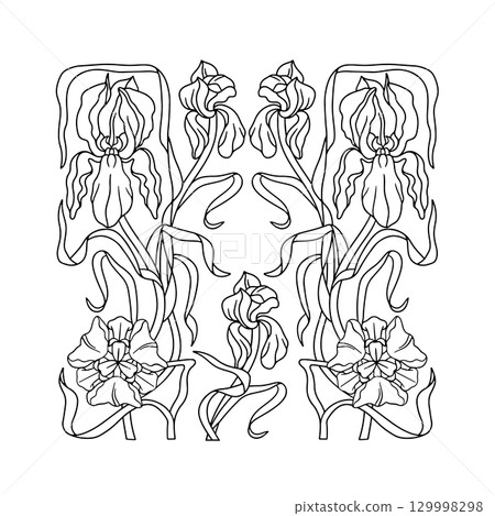 Art nouveau style modern hand drawn iris flowers symmetrical composition for coloring page 129998298