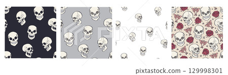 Halloween seamless pattern set with hand drawn floral skulls with luna moths and roses 129998301