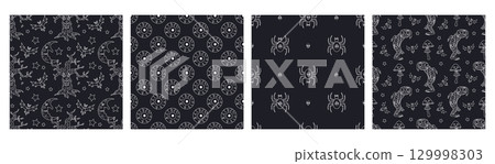 Set of 4 black and white Seamless patterns with cute hand drawn Halloween motifs Set of 4 black and white Seamless patterns with cute hand drawn Halloween motifs 129998303