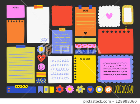 Cute set of notes, stickers, paper forms with space for text. Hand drawn flat collection for reminders, to-do list, planner, schedule. Flat templates from paper scraps, part of sheets, paper clips. 129998360