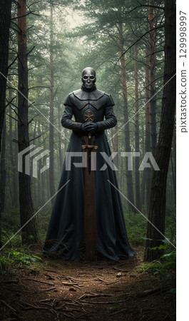 A mysterious dark knight with a skull mask stands solemnly in a misty forest, holding a large medieval sword upright amidst tall pine trees and earthy ground. 129998997