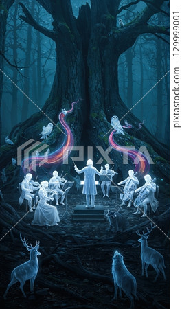 A conductor leads a spectral orchestra performing a magical symphony at the base of an ancient tree in a dark forest, with glowing deer, a howling wolf, and ethereal owls. 129999001