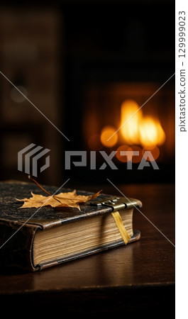 A vintage leather-bound book adorned with a brass clasp and a golden maple leaf rests on a dark wooden surface, set against the cozy, warm glow of a blurred fireplace. A vintage leather-bound book adorned with a brass clasp and a golden maple leaf rests on a dark wooden surface, set against the cozy, warm glow of a blurred fireplace. 129999023