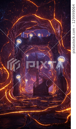 A fantastical cavern interior features a grand spiral staircase ascending through dark, glowing rock formations, illuminated by numerous ethereal jellyfish creatures and vibrant orange light. 129999064