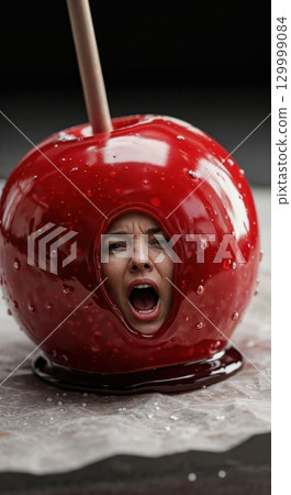 A detailed closeup of a vibrant red candy apple featuring a woman's face trapped inside, screaming with wide-open mouth, the glossy surface reflecting light. 129999084