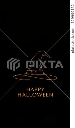 A minimalist Halloween poster features an orange outline illustration of a witch's hat with a buckle and band, centered above the text "HAPPY HALLOWEEN" on a dark black background. 129999132