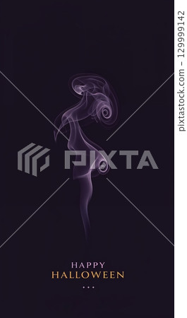 A minimalist poster features a delicate, swirling plume of translucent purple smoke on a deep violet background, with 'Happy Halloween' text in contrasting gold and lavender hues. 129999142