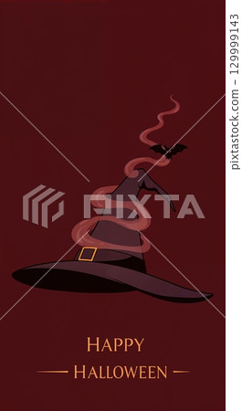 A mysterious dark witch's hat emits swirling red smoke with a small bat flying out, creating a spooky Halloween atmosphere on a deep maroon background. 129999143