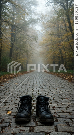 A pair of old, mud-covered black leather boots rests on a cobblestone path stretching into a dense, misty autumn forest with golden foliage. 129999157