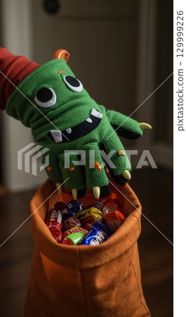 A vibrant green monster glove with sharp claws reaching into an orange fabric bag overflowing with colorful wrapped candies in a dimly lit setting. A vibrant green monster glove with sharp claws reaching into an orange fabric bag overflowing with colorful wrapped candies in a dimly lit setting. 129999226