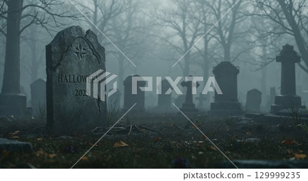 A cinematic wide shot captures an old, crumbling gravestone with "Halloween 2025" in a foggy, eerie cemetery filled with bare trees and other weathered tombs. 129999235