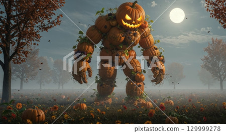 A colossal pumpkin monster with a glowing jack-o'-lantern head stands menacingly in an autumn field under a full moon, surrounded by smaller gourds and colorful flowers. 129999278