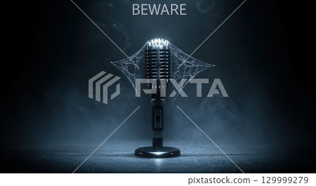 A vintage-style studio microphone covered in spiderwebs stands centrally on a dark, textured floor, dramatically lit in a misty environment with the prominent word "BEWARE" above. 129999279