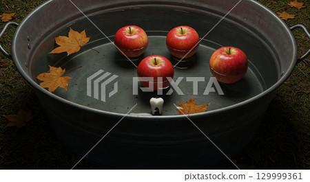 Four shiny red apples, several golden maple leaves, and a stark white tooth float in a vintage galvanized metal basin filled with water, set against a dark, textured outdoor background. 129999361