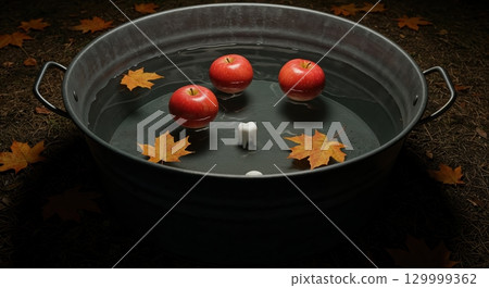 A rustic metal tub filled with clear water, featuring three vibrant red apples and golden autumn leaves floating, with a small white tooth resting on its dark bottom, surrounded by fallen foliage. 129999362