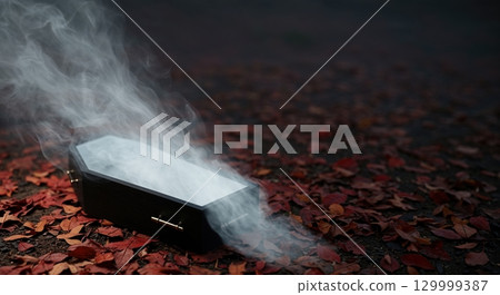 A classic black wooden coffin, slightly ajar, emits white wisps of smoke while nestled among dark reddish autumn leaves on a mysterious ground. 129999387