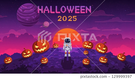 A pixelated astronaut stands on a purple alien landscape adorned with glowing jack-o'-lanterns, set against a vibrant purple and orange sky with distant planets and the text "HALLOWEEN 2025". 129999397