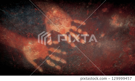 深紅色牆壁上殘留的手印藝術質感，抽象的背景材料 129999457