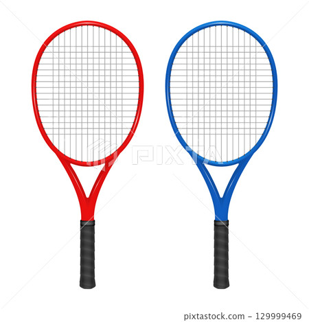 Vector 3d Red and Blue Tennis Rackets Set. Realistic Tennis Racket Illustration. Professional Tennis Rackets Icon. Sports Equipment Design, Isolated. Training Gear, Tournament Racket Clipart 129999469