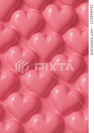 帶有一排蓬鬆的粉紅色心形的三維背景。浪漫設計的 3D 背景。 129999491