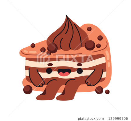 Cartoon cake character. Cute cheesecake with smiling face, sweet pastry character flat vector illustration. Comic cake mascot with funny emotions 129999506