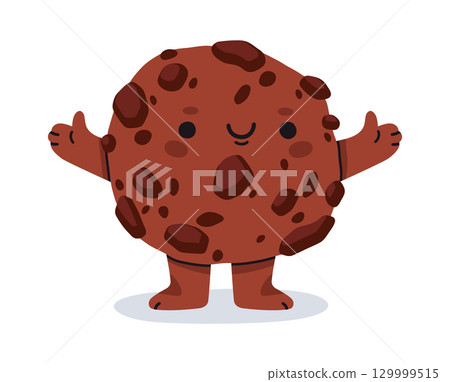 Cookie character. Cartoon chocolate chip cookie with cute face, oatmeal biscuit character flat vector illustration. Comic cookie mascot with funny emotions Cookie character. Cartoon chocolate chip cookie with cute face, oatmeal biscuit character flat vector illustration. Comic cookie mascot with funny emotions 129999515