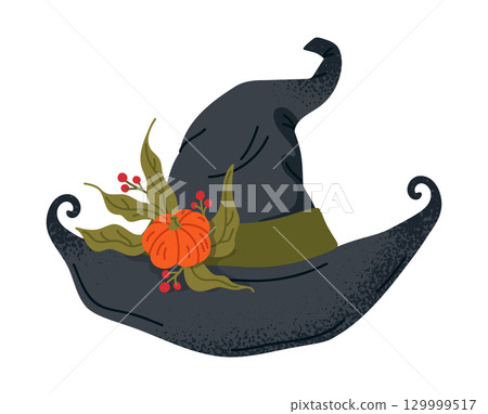 Halloween witch hat. Pointy wizard hat with pumpkin decoration, trick or treat october party magic costume element flat vector illustration. Cartoon magician spooky hat on white Halloween witch hat. Pointy wizard hat with pumpkin decoration, trick or treat october party magic costume element flat vector illustration. Cartoon magician spooky hat on white 129999517