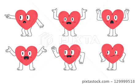 Heart characters with cute faces. Cartoon heart shapes, red heart shaped mascots flat vector illustration set. Comic heart shapes with funny emotions Heart characters with cute faces. Cartoon heart shapes, red heart shaped mascots flat vector illustration set. Comic heart shapes with funny emotions 129999518