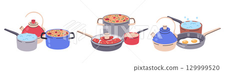 Kitchen food preparing. Cooking pans and pots, fried eggs, boiling water, soup and meat on stove flat vector illustration set. Dinner cooking process Kitchen food preparing. Cooking pans and pots, fried eggs, boiling water, soup and meat on stove flat vector illustration set. Dinner cooking process 129999520