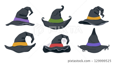 Witch pointy hats. Halloween spooky wizard hats, trick or treat october party magic costume element flat vector illustration set. Cartoon magician hats collection 129999525