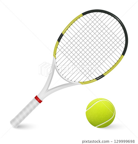 Vector 3d Tennis Racket and Tennis Ball Set. Realistic Tennis Racket and Ball Illustration. Professional Tennis Icons. Sports Equipment Design, Isolated. Training Gear, Tournament Clipart 129999698