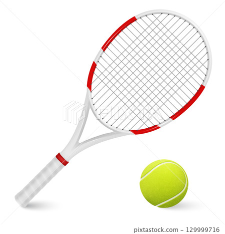 Vector 3d Tennis Racket and Tennis Ball Set. Realistic Tennis Racket and Ball Illustration. Professional Tennis Icons. Sports Equipment Design, Isolated. Training Gear, Tournament Clipart 129999716