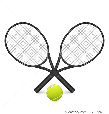 Vector 3d Black Tennis Rackets and Ball Set. Realistic Tennis Rackets Illustration, Professional Tennis Ball Icon, Sports Equipment Design Templates. Isolated Tennis Rackets with Ball, Training Gear Vector 3d Black Tennis Rackets and Ball Set. Realistic Tennis Rackets Illustration, Professional Tennis Ball Icon, Sports Equipment Design Templates. Isolated Tennis Rackets with Ball, Training Gear 129999758