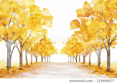 Autumn landscape of ginkgo trees, watercolor style illustration, background material 129999877