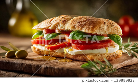 Freshly made caprese sandwich with tomatoes, mozzarella, basil, and olive oil on rustic wooden board 129999922