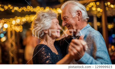 Senior couple dancing joyfully together under warm fairy lights at a festive celebration 129999923