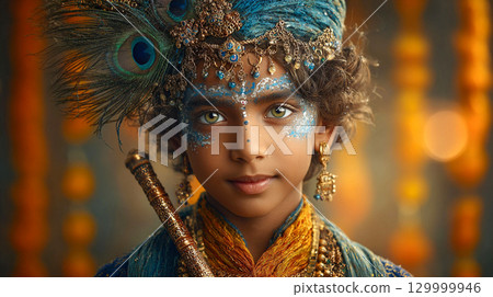 Festive Portrait of Indian Boy as Lord Krishna	 129999946