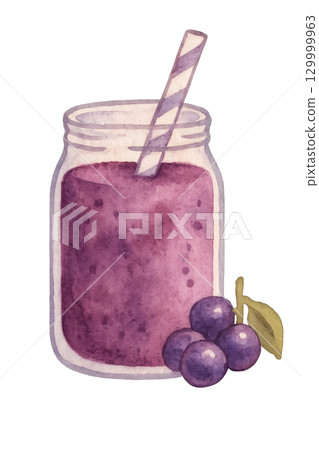 紫色玻璃冰沙果汁飲品的水彩插圖 紫色玻璃冰沙果汁飲品的水彩插圖 129999963