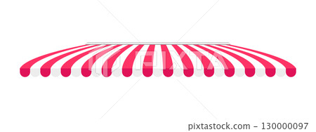 Shop awning with red and white stripes. Striped cafe terrace or store window canopy. Outdoor market tent isolated on white background. Stall sunshade. Kiosk umbrella. Vector flat illustration 130000097