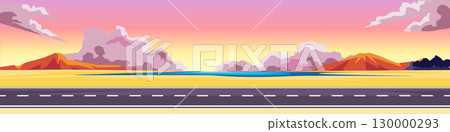 Horizontal or Landscape view of asphalt road. Road cuts through the evening grass glowing yellow from the reflection of light. Reservoir in the middle. Surround by mountain under warm evening sky. 130000293