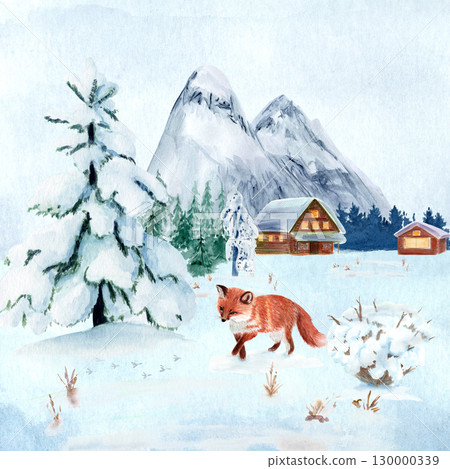 Fox on snowy field, pine tree with snow, cozy wooden cabins with glowing windows, mountain forest. Hand-painted watercolor winter scene great for Christmas cards, seasonal posters, winter landscapes 130000339