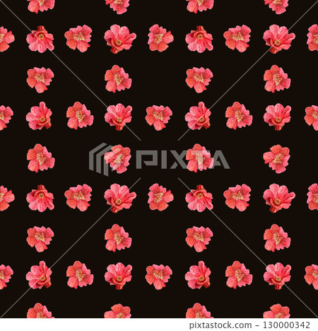 Red pomegranate blossoms on black background. Seamless watercolor floral pattern. Elegant vibrant botanical design perfect for textile prints, gift wrapping, wallpapers, stationery, digital backdrops 130000342