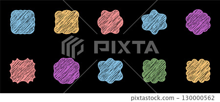 Groovy chalk rectangle frame set in a retro y2k style with hatched shading and scallop bubble border. Crayon sketch background and bold shape for graphic edge in modern creative use. 130000562