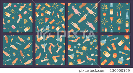Flat seamless pattern with sunscreen bottle, lotion and cream tube in set. Sunblock spray as two bottle shapes for spf sun protection. Summer cosmetic product ideal for care, textile or packaging. 130000569