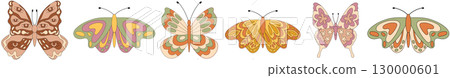 Groovy retro butterfly seamless border in funky wavy style pattern. Pattern of colorful butterfly shapes with bold retro and y2k details. Vibrant graphic for modern backgrounds and creative 130000601