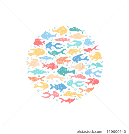 Round cartoon sticker underwater fish concept. Colorful circle of marine life forms a seamless aquatic school. Ocean swirl design with vibrant aquatic background, perfect for marine themes. 130000640